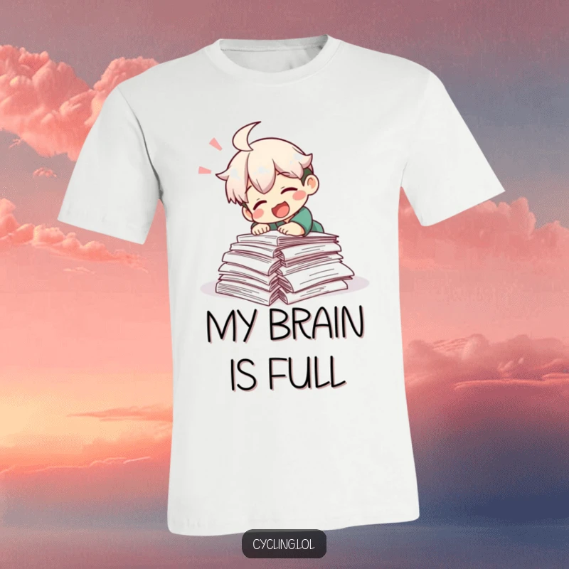 Funny T-shirt depicting a character comically tripping over a stack of research papers, laughing amidst the chaos, perfect for academics.
