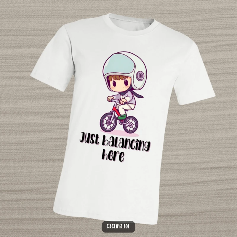 Funny T-shirt featuring a character with a comically large helmet, wobbling precariously on a unicycle, symbolizing daring and silliness.