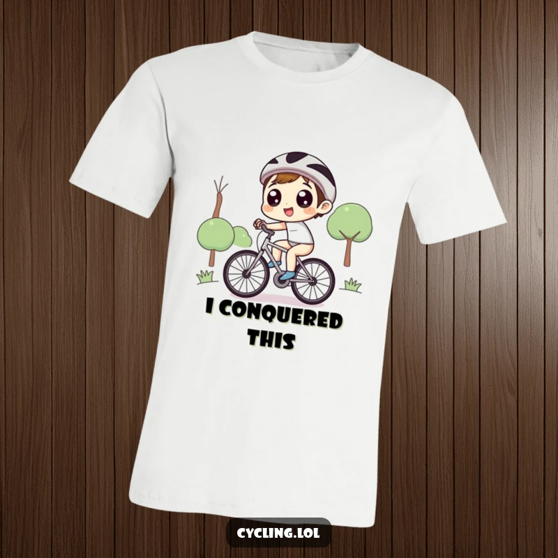 Funny T-shirt featuring a character with eyes wide with delight, joyously pedaling a bicycle uphill, celebrating effort and happiness.