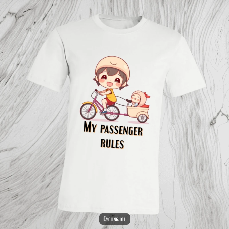 Funny bicycle t-shirt featuring a beaming character pulling a joyfully laughing passenger in a bike trailer.