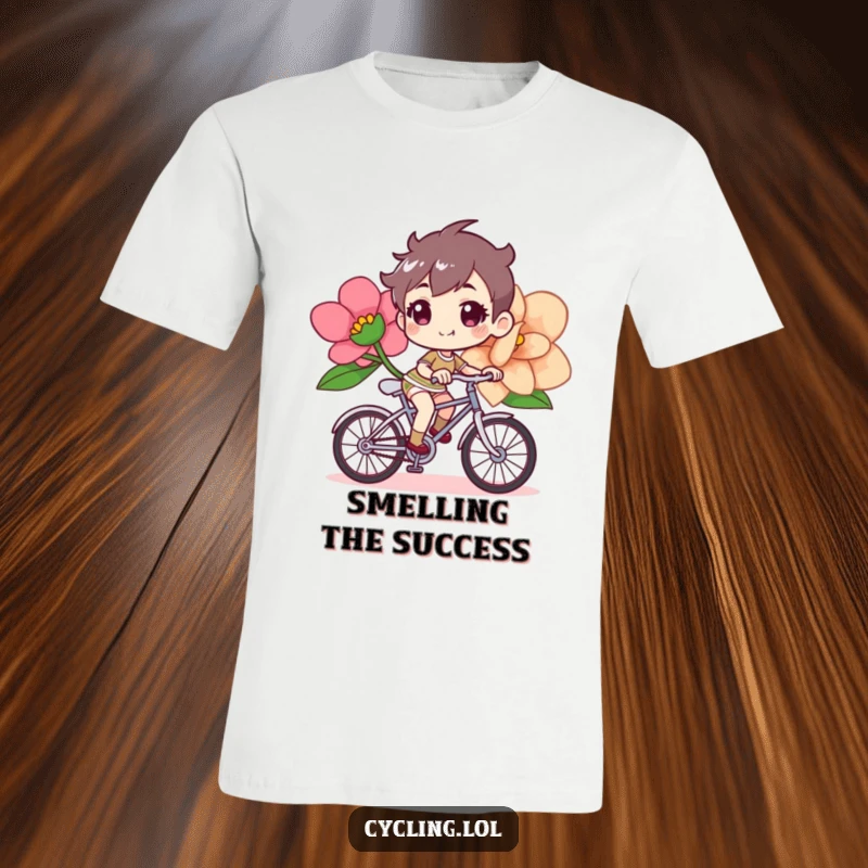 Funny bicycle t-shirt depicting a determined, cheerful character riding a bicycle adorned with a huge flower.