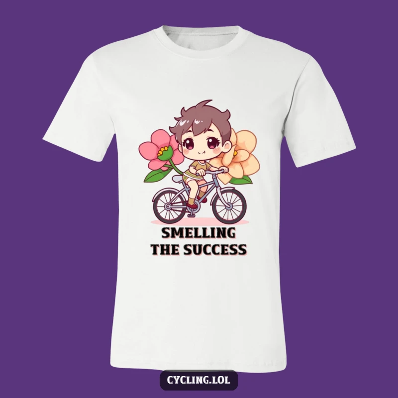 Funny Bicycle Flower T-Shirt, Determined Rider, Cheerful Expression, Floral Fun Tee