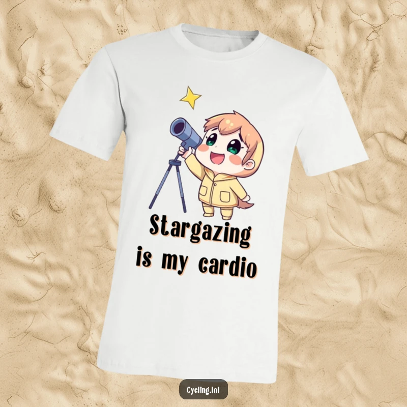 Funny t-shirt showcasing a happy character using a telescope to view a star, expressing joy and exploration.