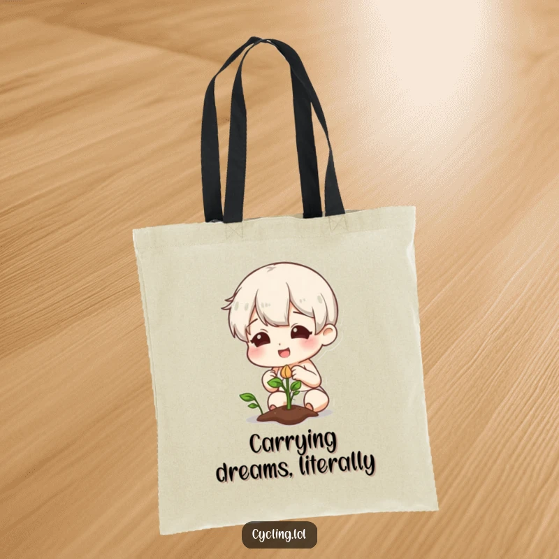 Funny tote bag featuring a character smiling curiously at a plant with a sprouting seed, ideal for carrying gardening supplies.