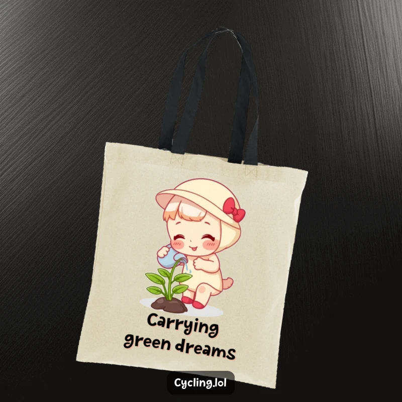 Funny tote bag illustrating a character watering a giggling, fast-growing plant, a delightful scene for plant lovers.