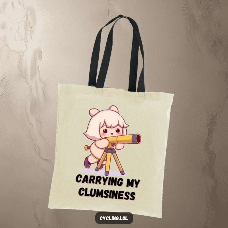 Funny tote bag depicting a character comically tripping over a telescope tripod, smiling sheepishly, ideal for astronomy buffs.