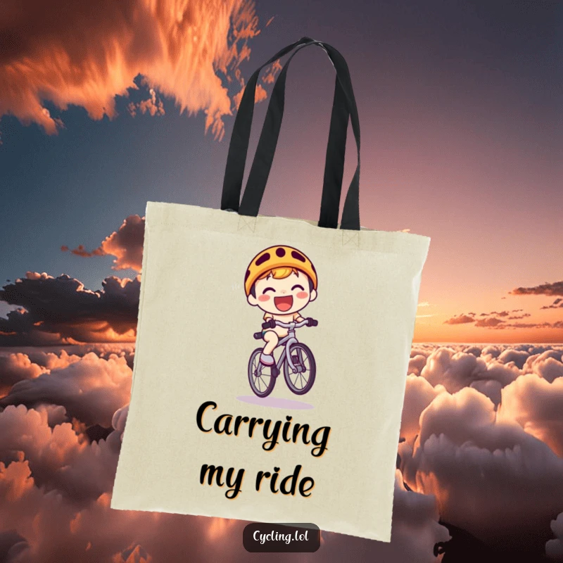 Funny Tote Bag: A cute kawaii character performs a bicycle wheelie with a huge grin, showcasing adventurous and playful vibes.