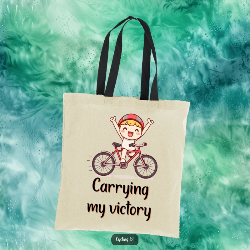 Funny tote bag featuring a triumphant Kawaii character riding a tiny bicycle with energetic speed lines, showcasing pure joy.