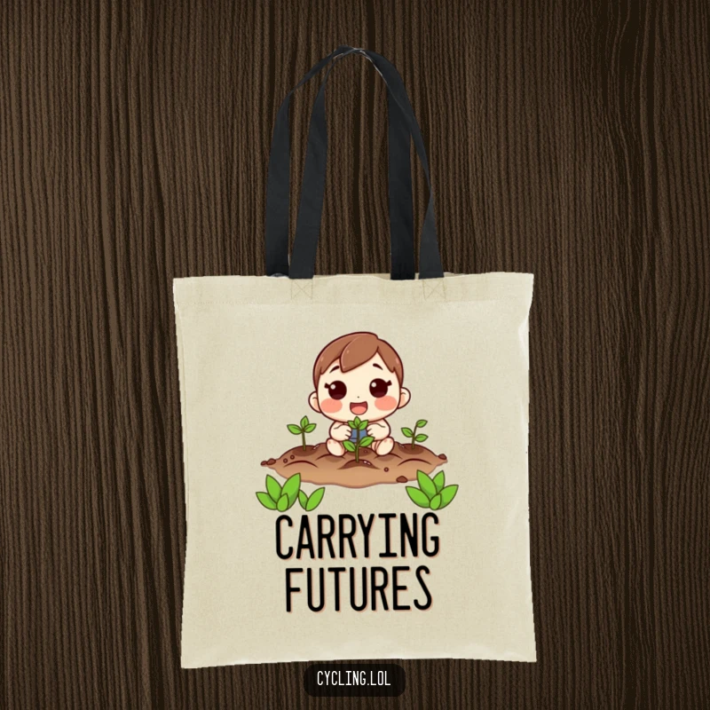 Funny tote bag featuring a character excitedly planting seeds, celebrating hope and the joy of gardening.