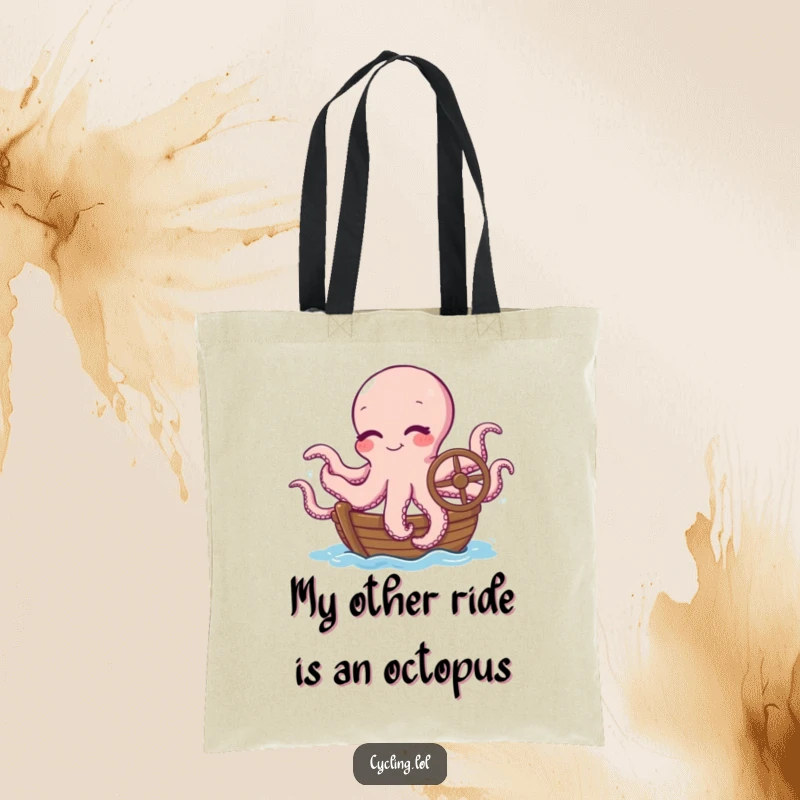 Funny tote bag with a winking octopus using all tentacles to steer a boat, ideal for carrying groceries or beach essentials with humor.