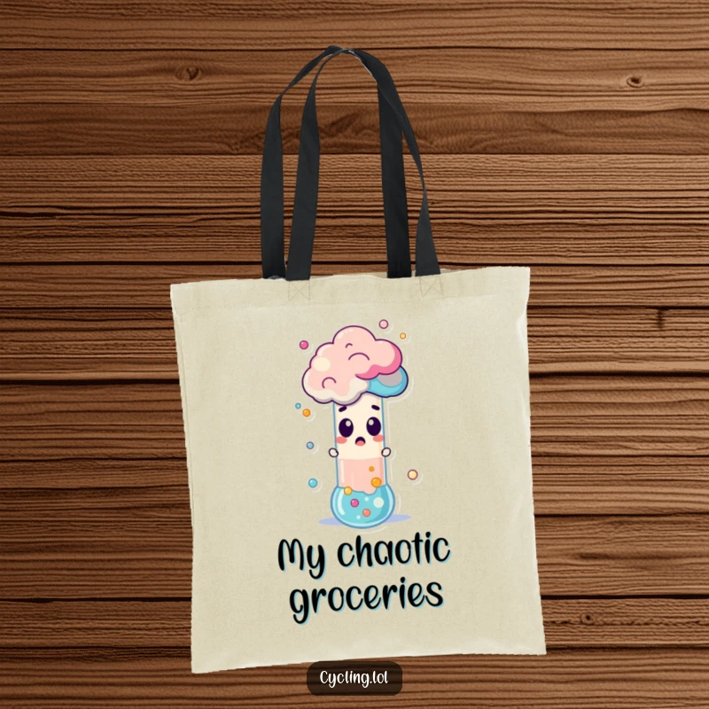 Funny Tote Bag showcasing a surprised character watching a test tube erupt with colorful foam, perfect for carrying supplies with humor.