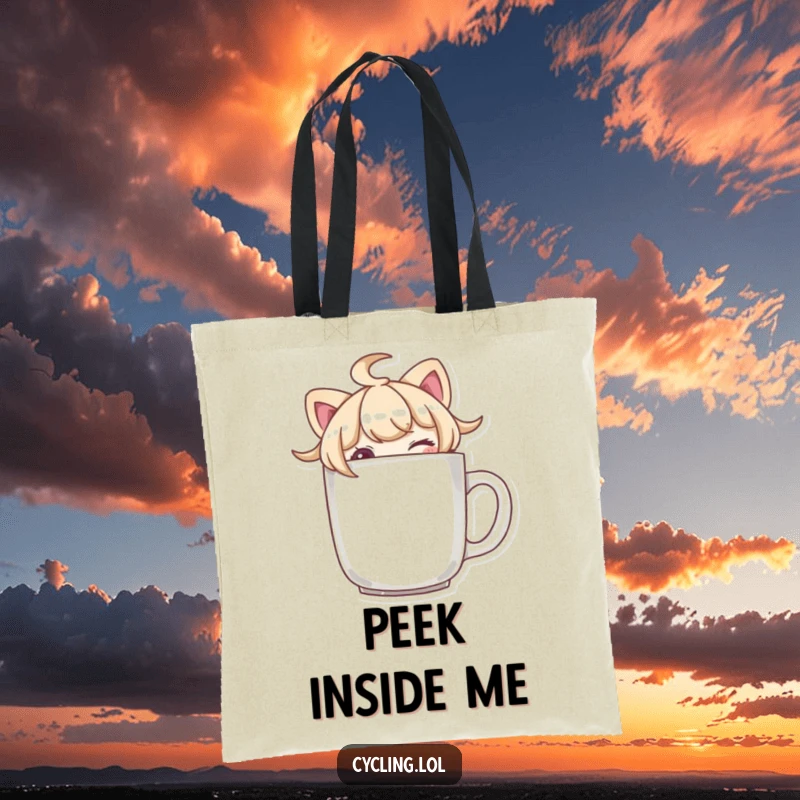 Funny character peeking over a mug brim and winking on a tote bag, perfect for carrying essentials with a playful secret.