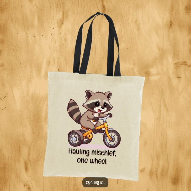Funny Raccoon Tote Bag: A raccoon on a tricycle doing a wheelie, ideal for carrying groceries with a big dose of humor.