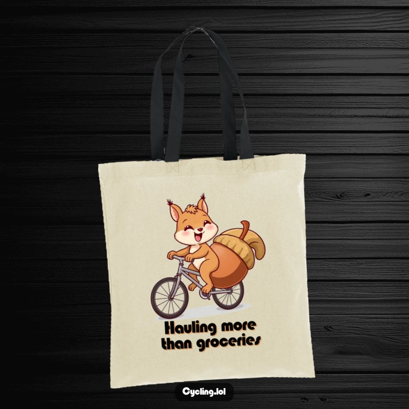 Funny squirrel tote bag featuring a squirrel comically pedaling a bicycle uphill with a very large acorn.