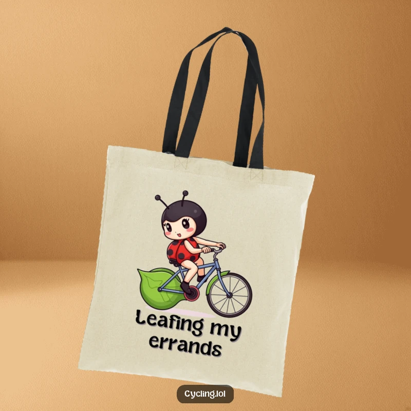 Funny ladybug tote bag featuring a determined ladybug furiously pedaling a leaf-shaped bicycle.