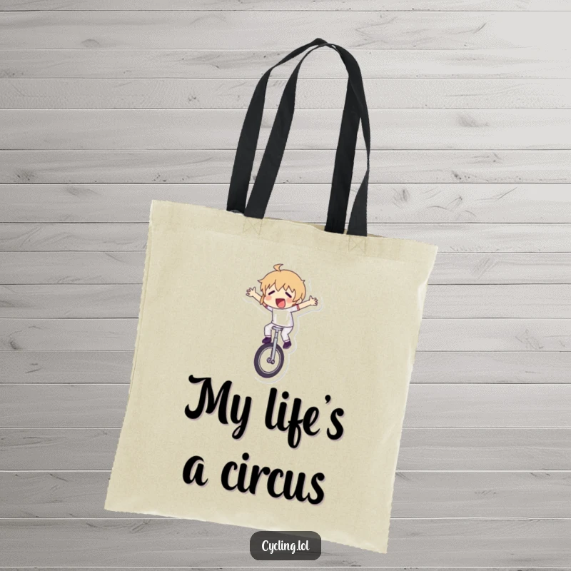 Funny tote bag showcasing a character hilariously struggling for balance on a unicycle, arms everywhere, a perfect visual gag.