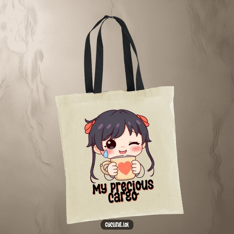 Funny character with a happy tear, holding a steaming mug on a tote bag, representing the joy found in a perfect beverage.